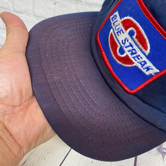 Vintage Trucker Hat Foam Cap Snapback Navy Blue Blue Streak Patch DISCOLORATION - Picture 10 of 12
